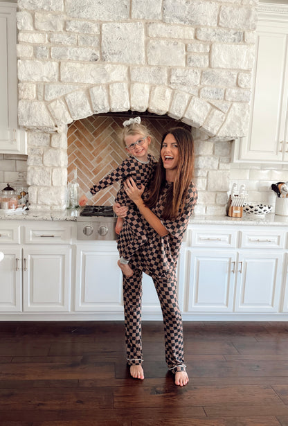 Cocoa and Black Checkered Bamboo | Women’s Oversized Tee and Flare Set