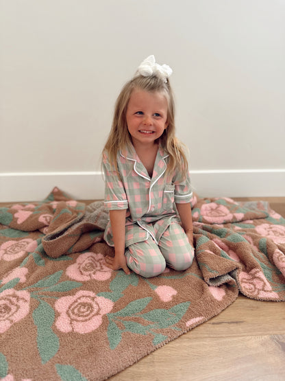 Pink and Green Gingham Bamboo | Short Sleeve| Girl Button and Flare Set