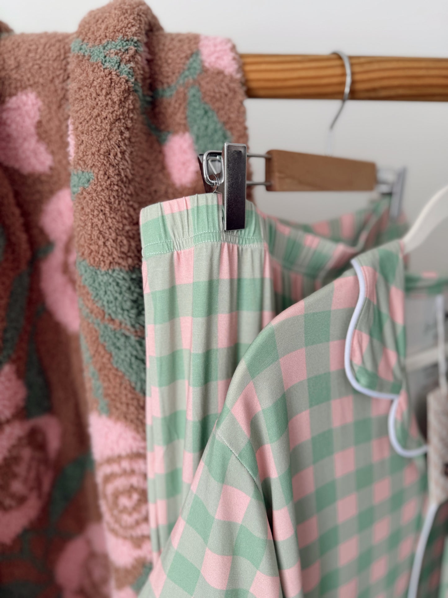 Pink and Green Gingham Bamboo | Short Sleeved | Women’s Button and Flare Set