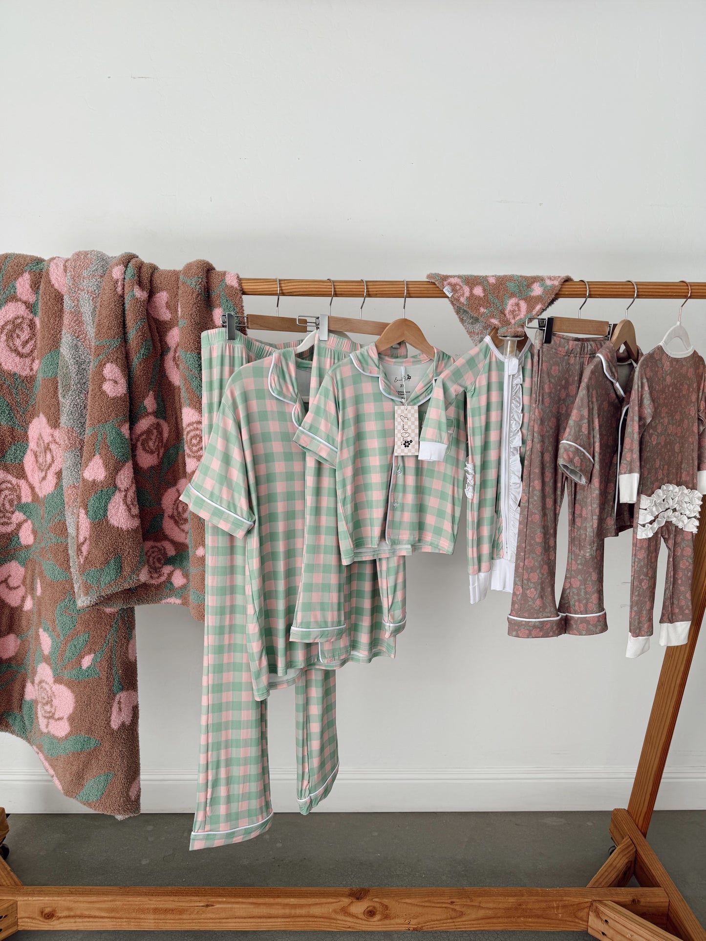 Pink and Green Gingham Bamboo | Short Sleeve| Girl Button and Flare Set