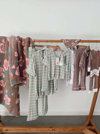 Pink and Green Gingham Bamboo | Short Sleeve| Girl Button and Flare Set