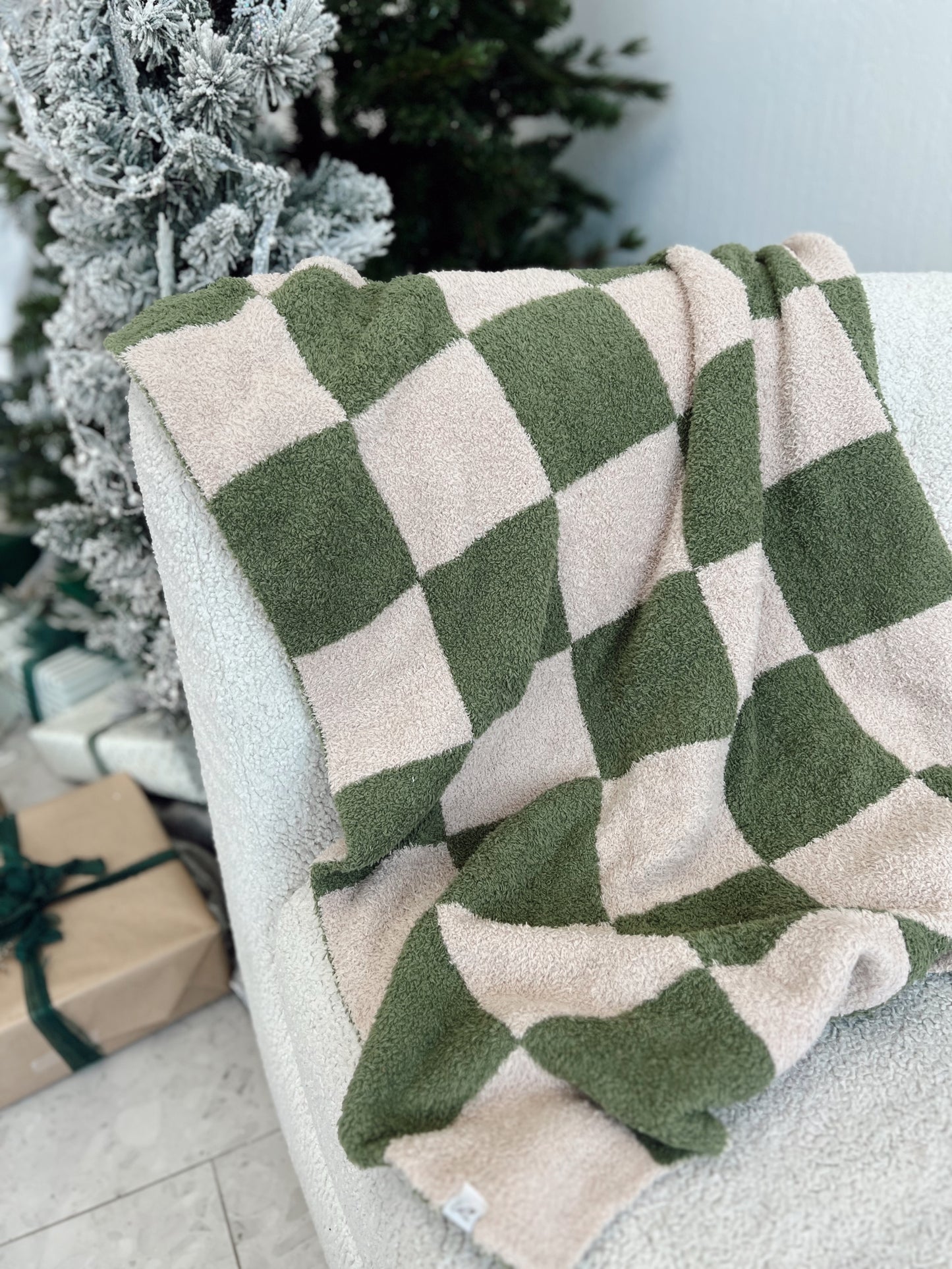 Green and Tan Checkered | Plush Blanket | Adult