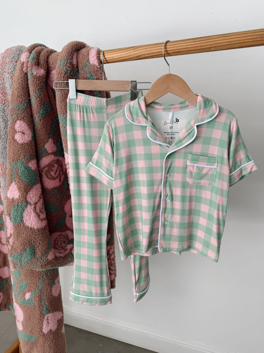 Pink and Green Gingham Bamboo | Short Sleeve| Girl Button and Flare Set