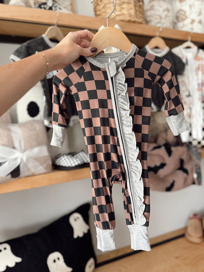 Cocoa and Black Checkered Bamboo | Ruffle Zippie