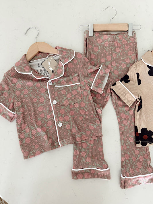 Rosie Ribbed Bamboo | Short Sleeve| Girl Button and Flare Set