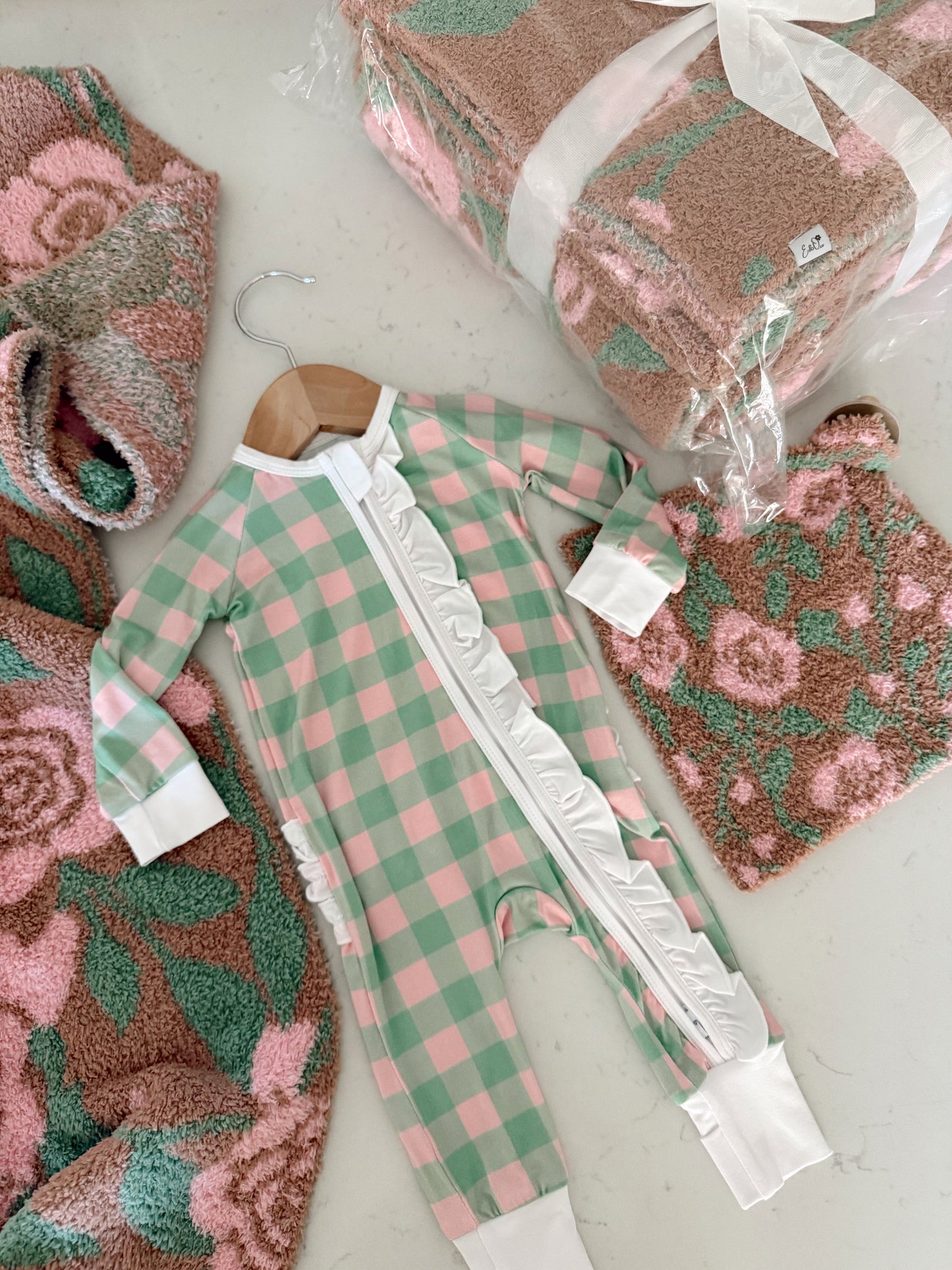 Pink and Green Gingham Bamboo | Ruffle Zippie