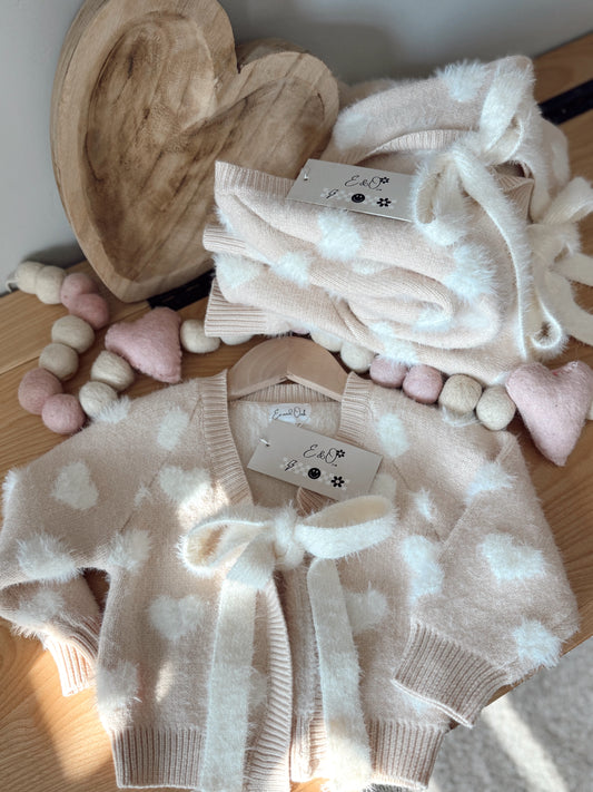 Beige and White Heart | Knit Cardigan