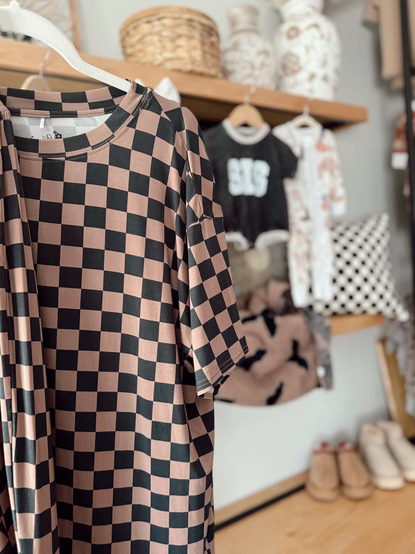 Cocoa and Black Checkered Bamboo | Women’s Oversized Tee and Flare Set