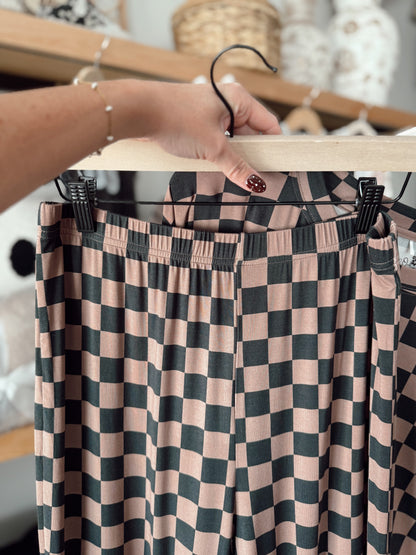 Cocoa and Black Checkered Bamboo | Women’s Oversized Tee and Flare Set